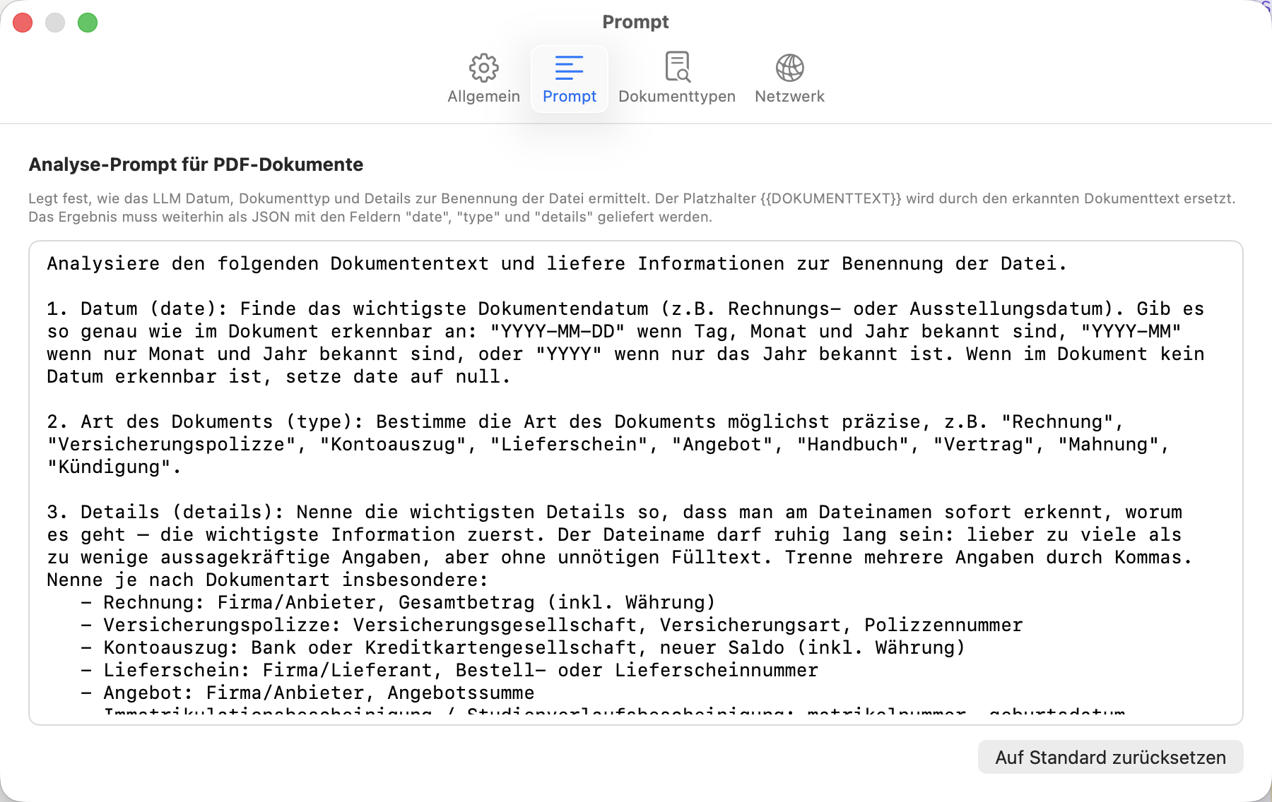 Einstellungen – Prompt