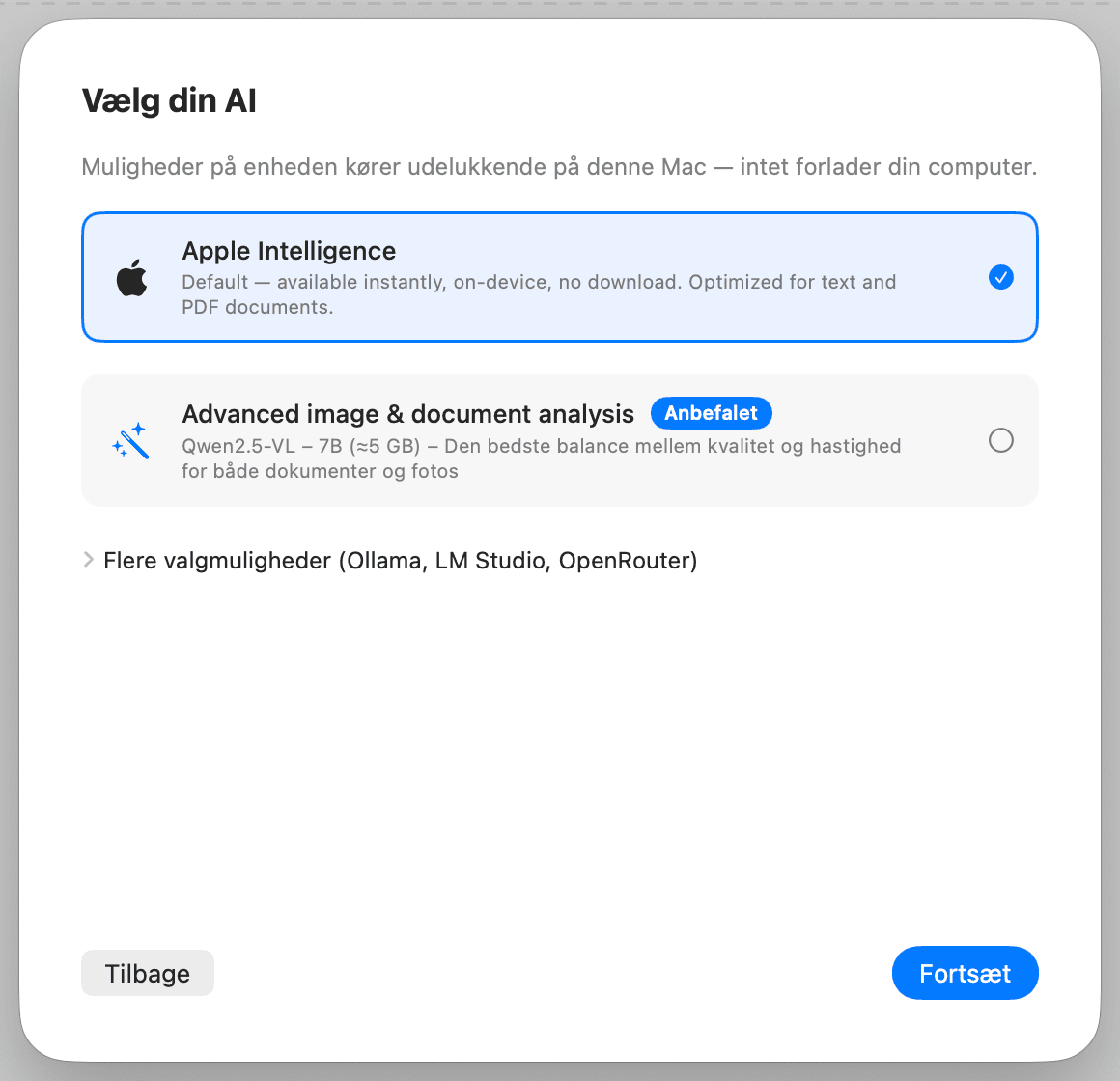 Førstegangsopsætning – Vælg AI