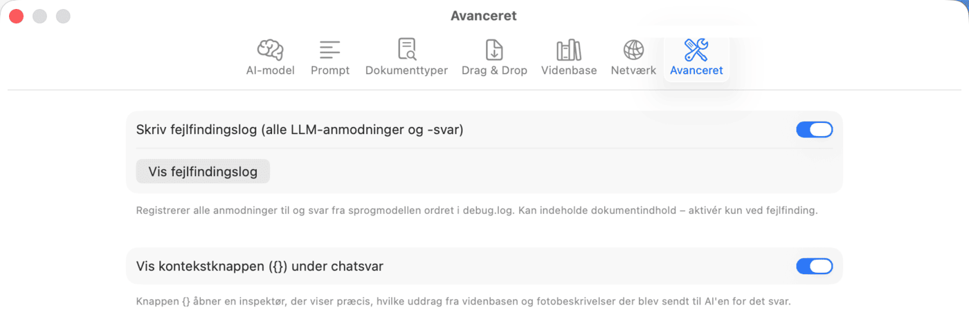 Indstillinger – Avanceret