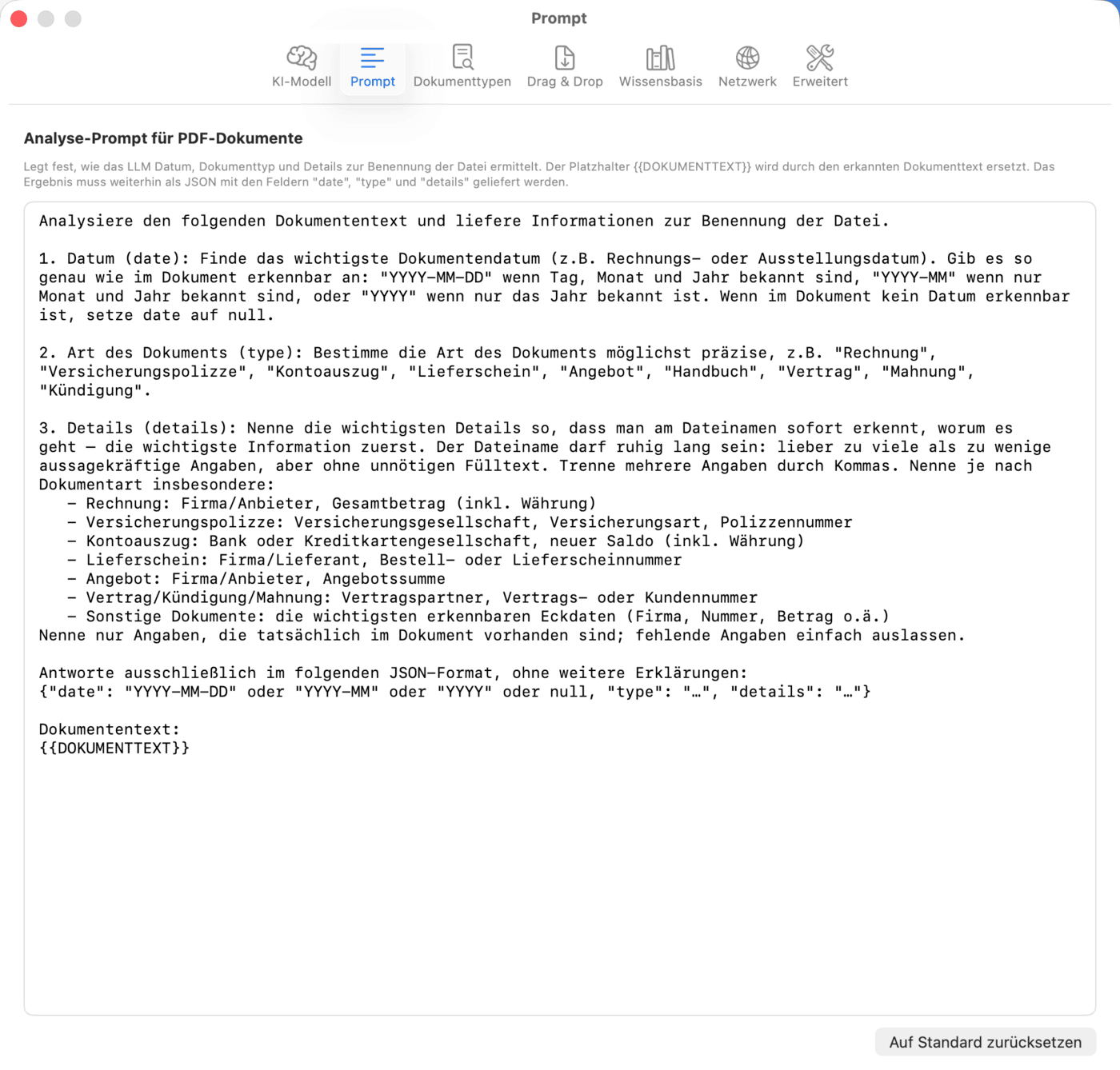 Einstellungen – Prompt