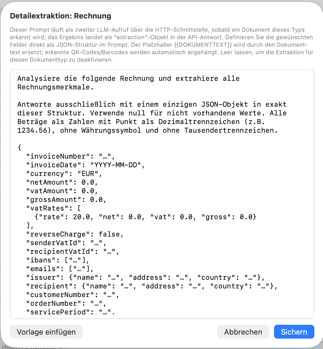 Einstellungen – Detailextraktion Rechnung