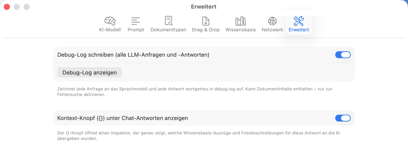 Einstellungen – Erweitert