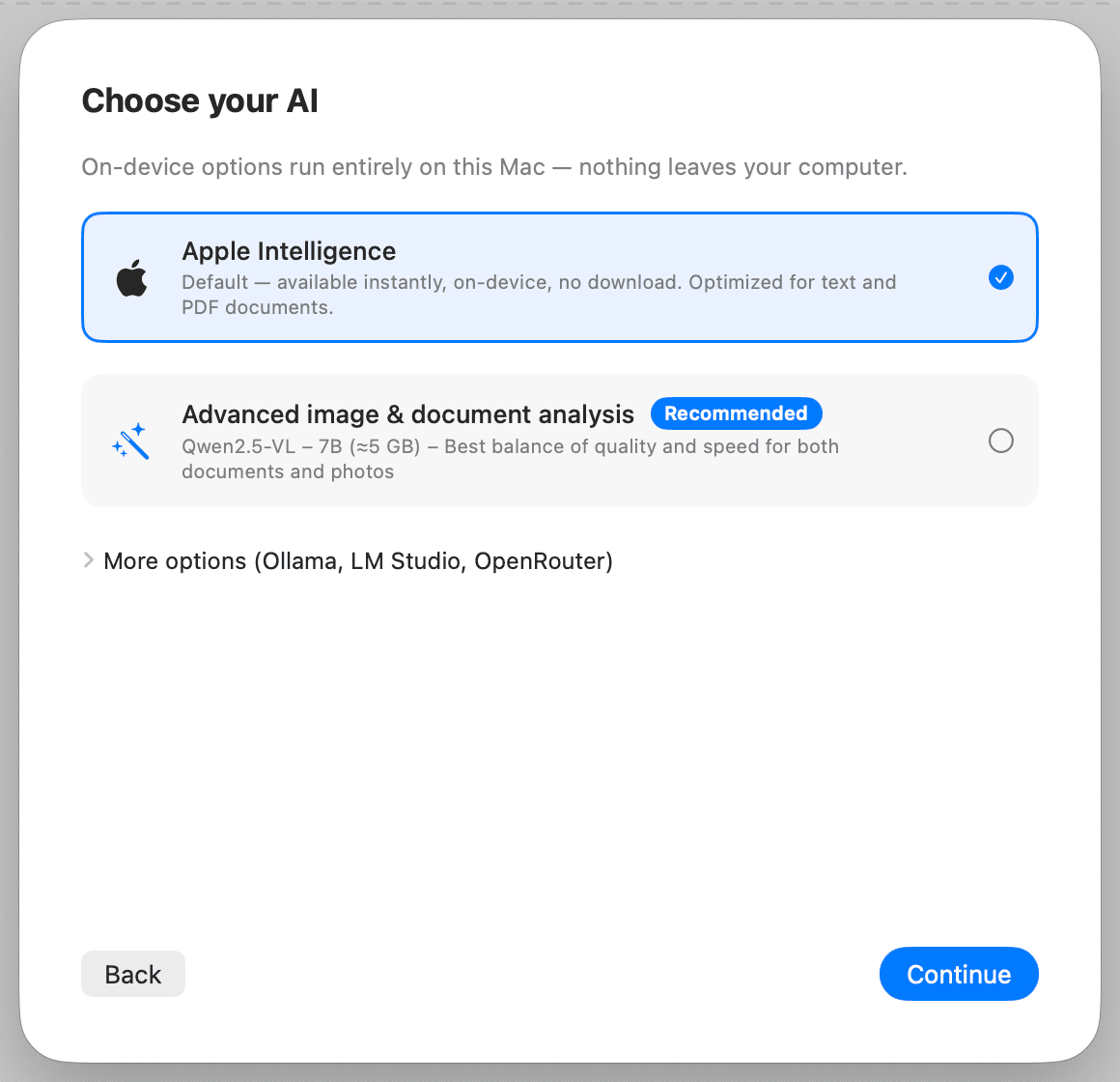 First-time setup – Choose AI