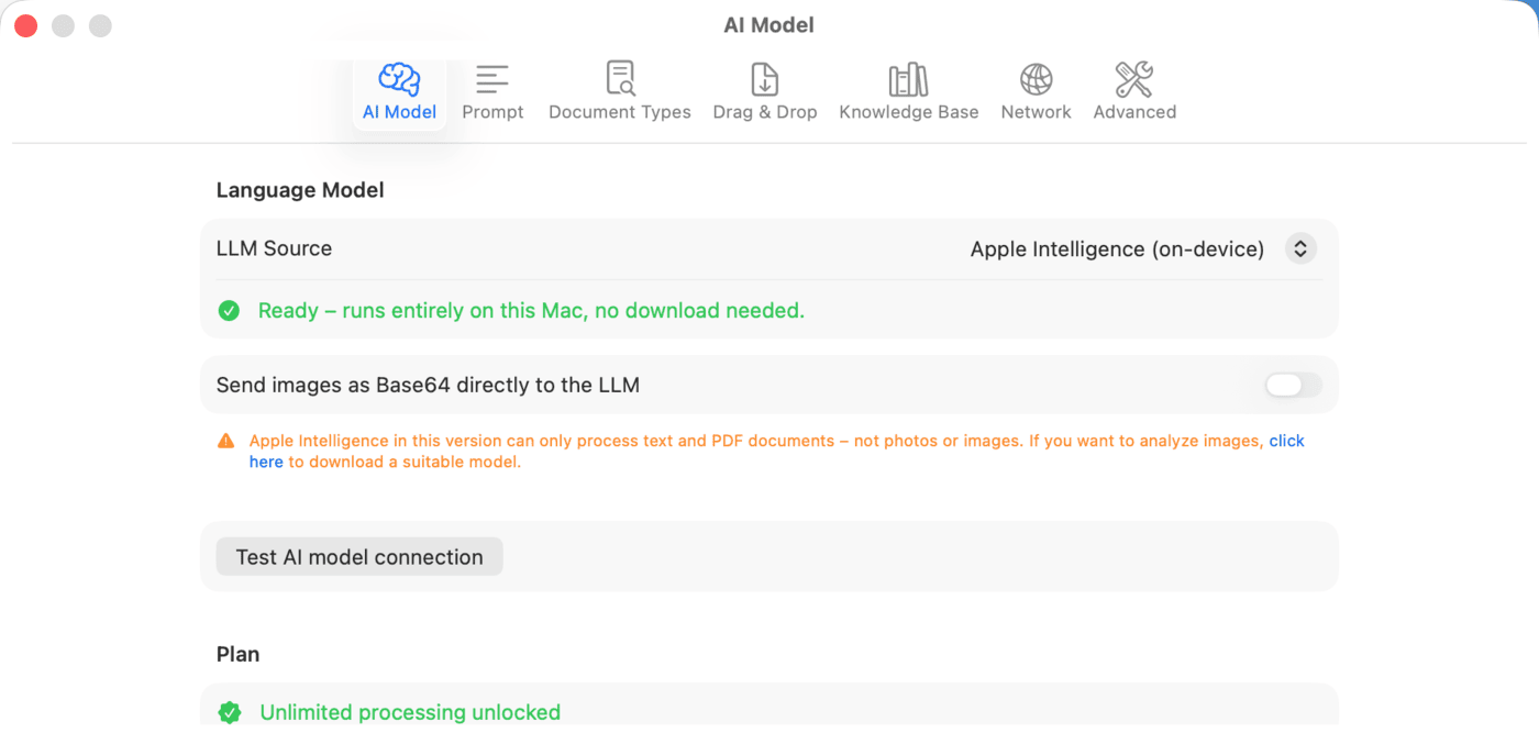 Settings – AI Model – Apple Intelligence