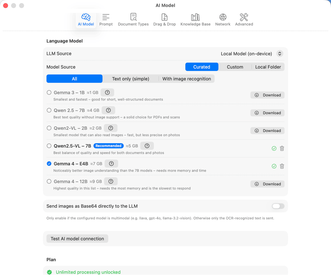 Settings – AI Model – Local Model
