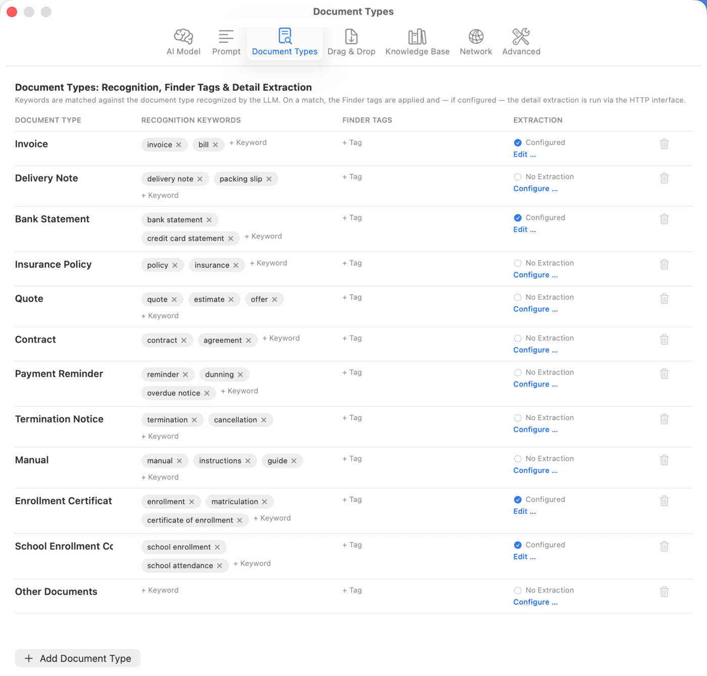 Settings – Document Types