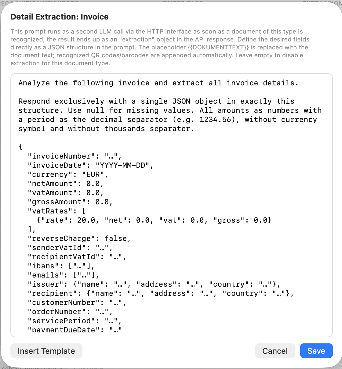 Settings – Detail Extraction: Invoice