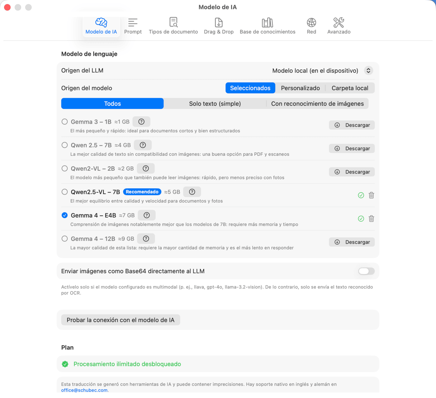 Ajustes: Modelo de IA, modelo local
