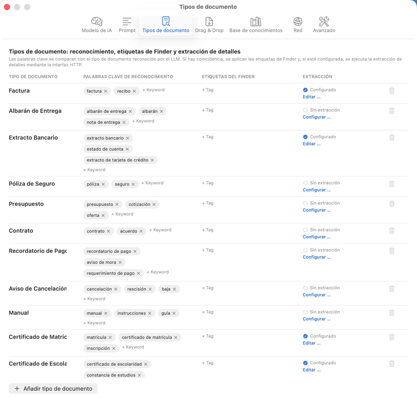 Ajustes: Tipos de documento