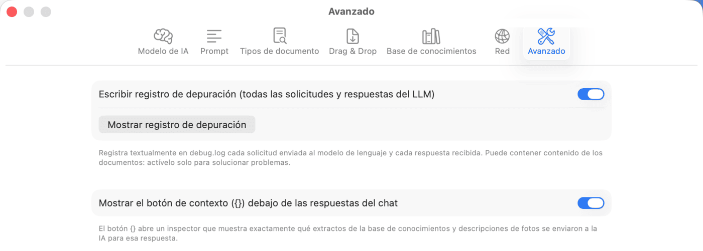 Ajustes: Avanzado