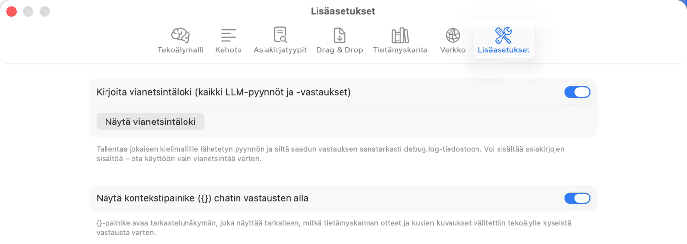 Asetukset – Lisäasetukset