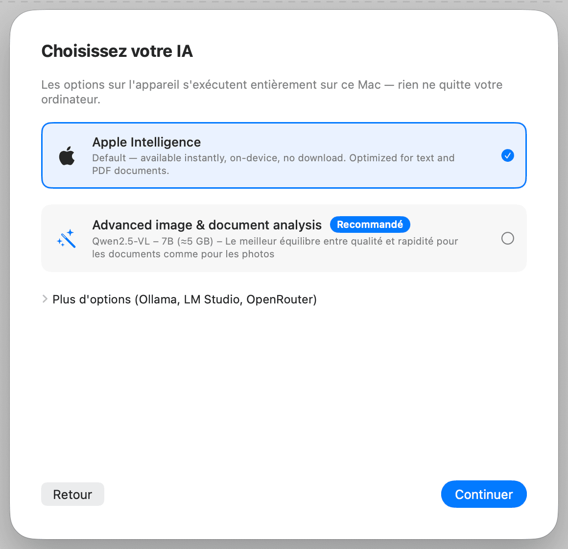 Configuration initiale – Choisir l'IA