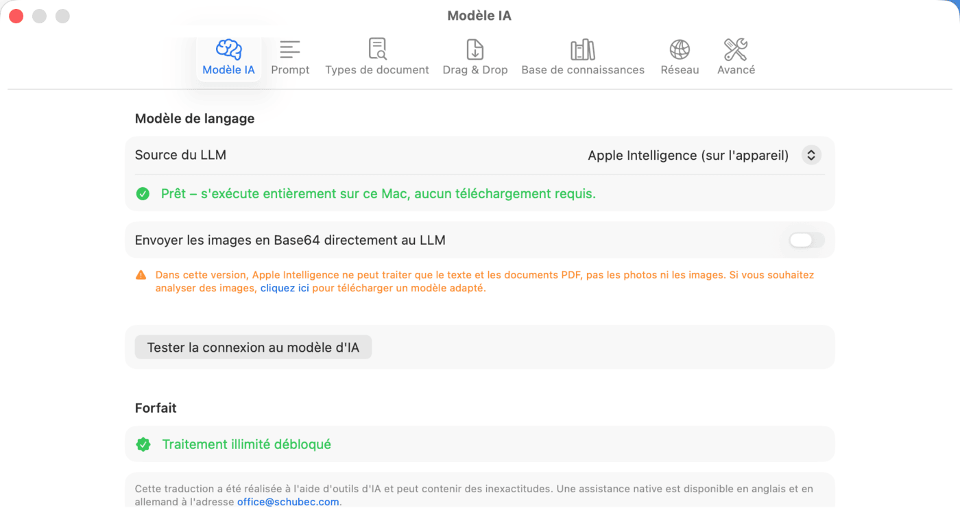 Réglages – Modèle IA – Apple Intelligence
