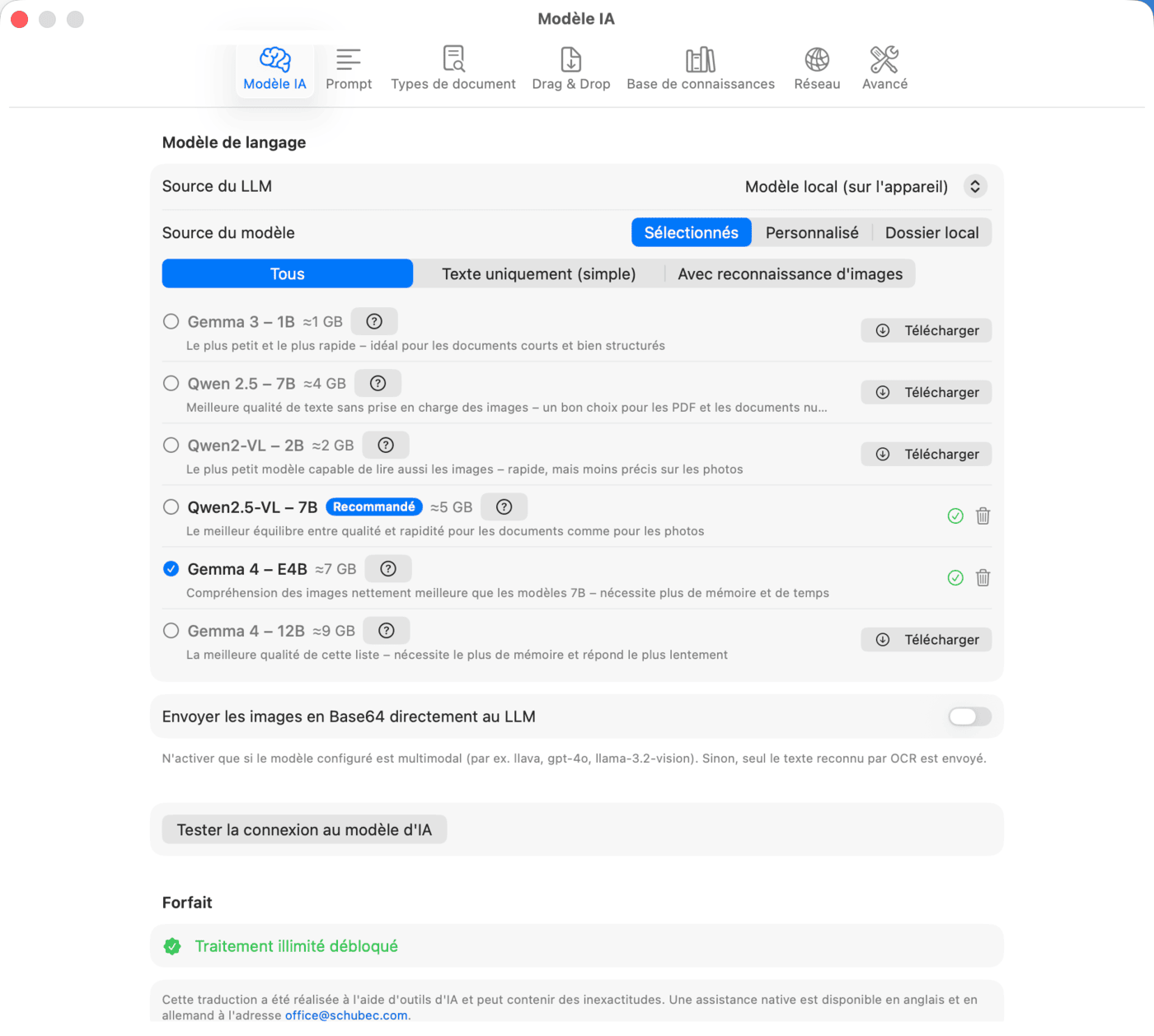 Réglages – Modèle IA – Modèle local