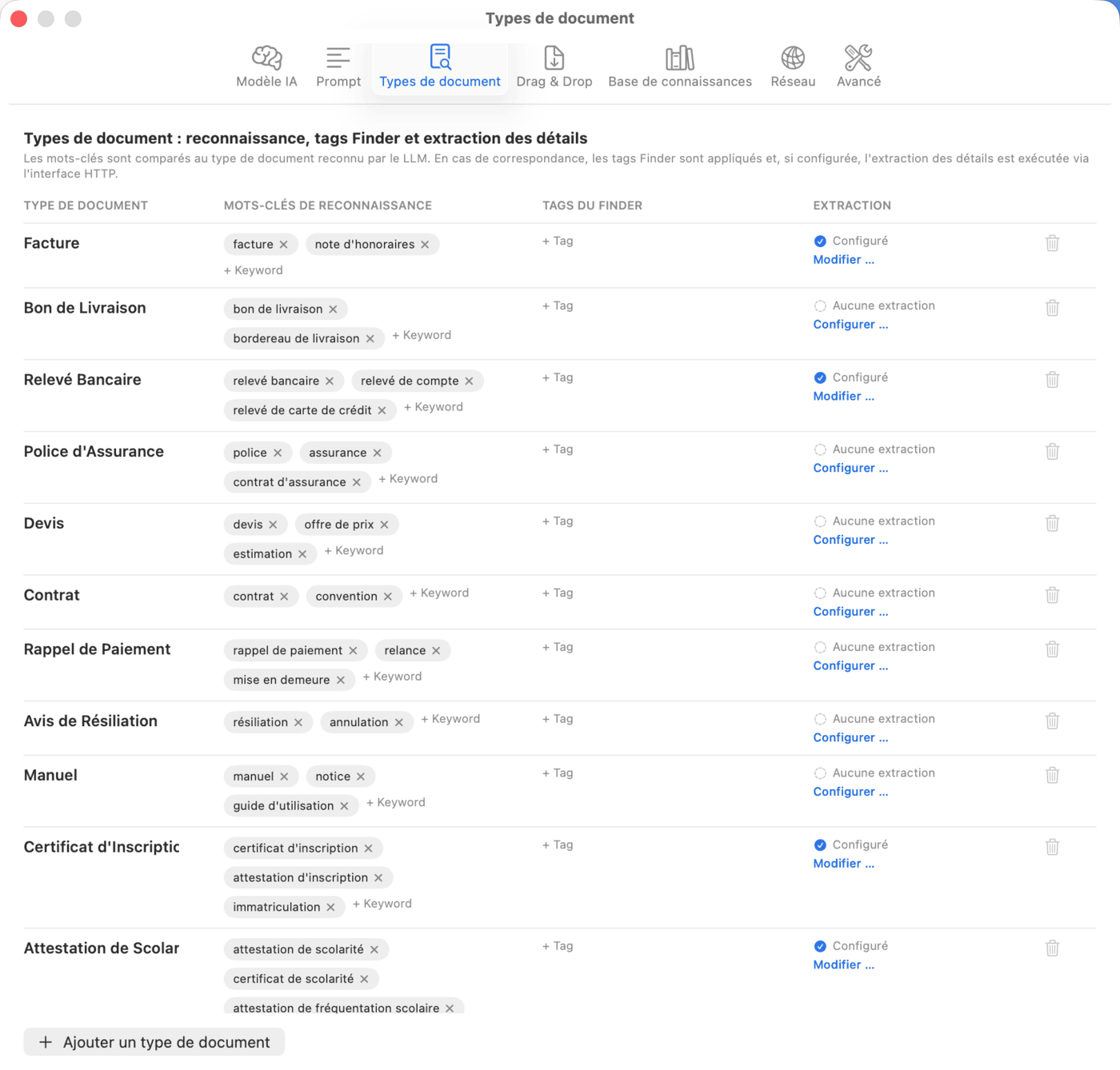 Réglages – Types de document