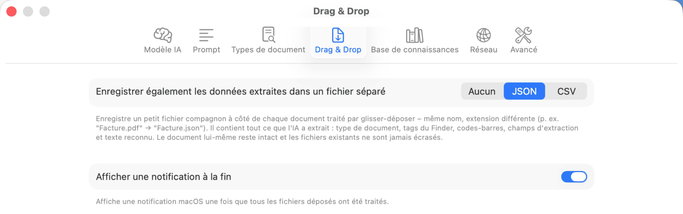 Réglages – Drag & Drop