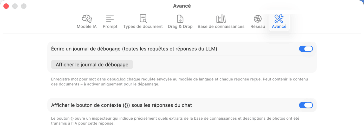 Réglages – Avancé