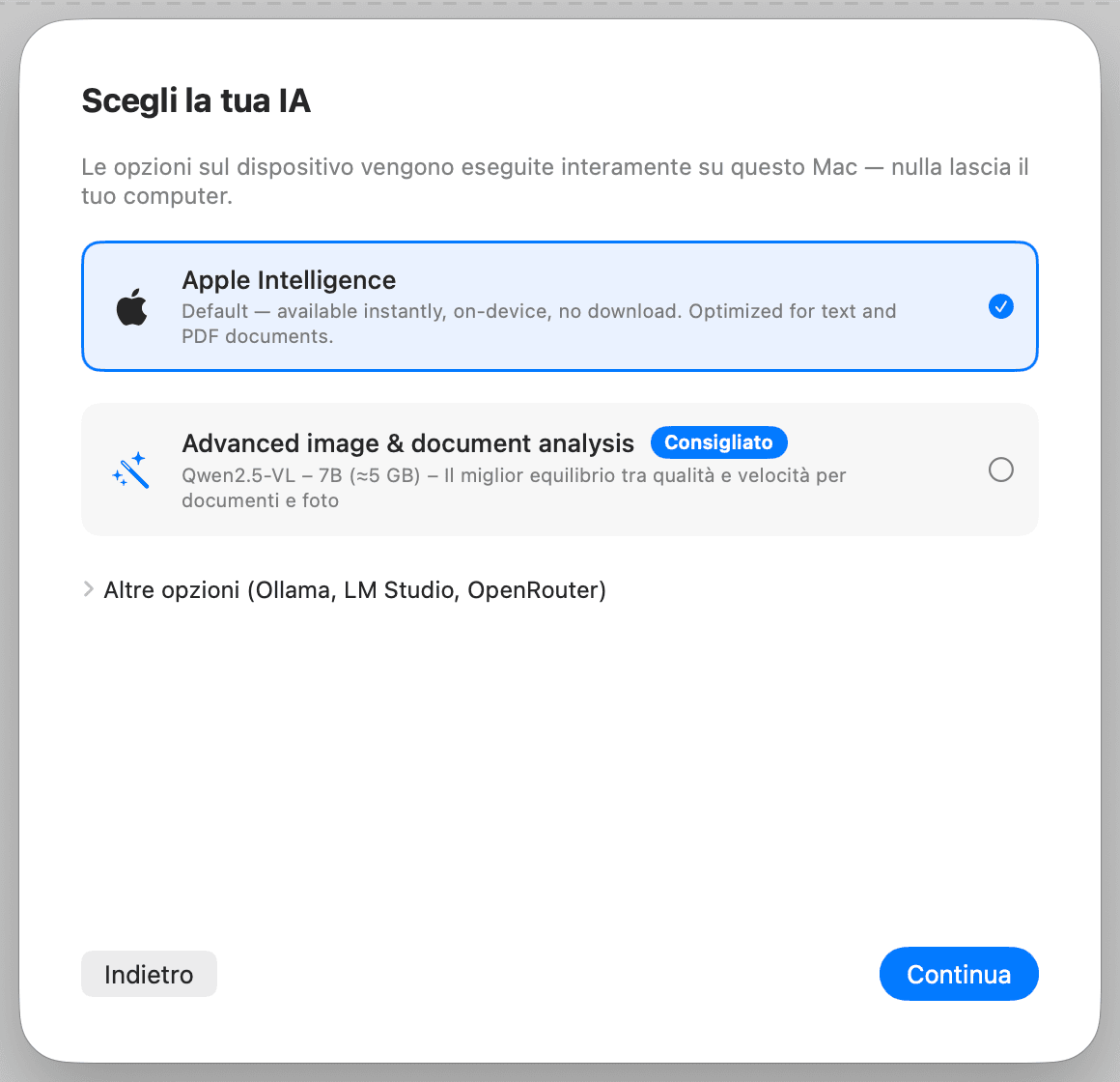 Configurazione iniziale – Scegli l'IA
