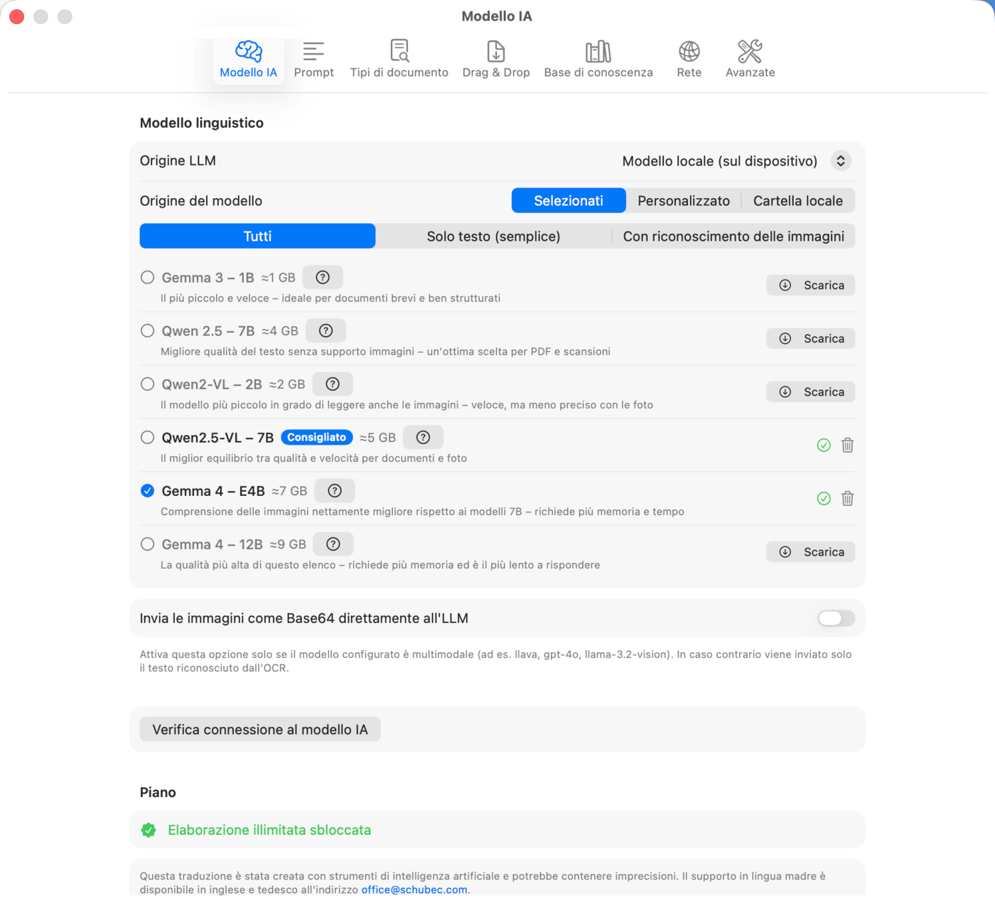 Impostazioni – Modello IA – Modello locale