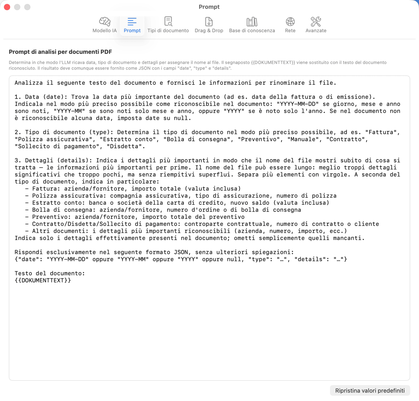 Impostazioni – Prompt