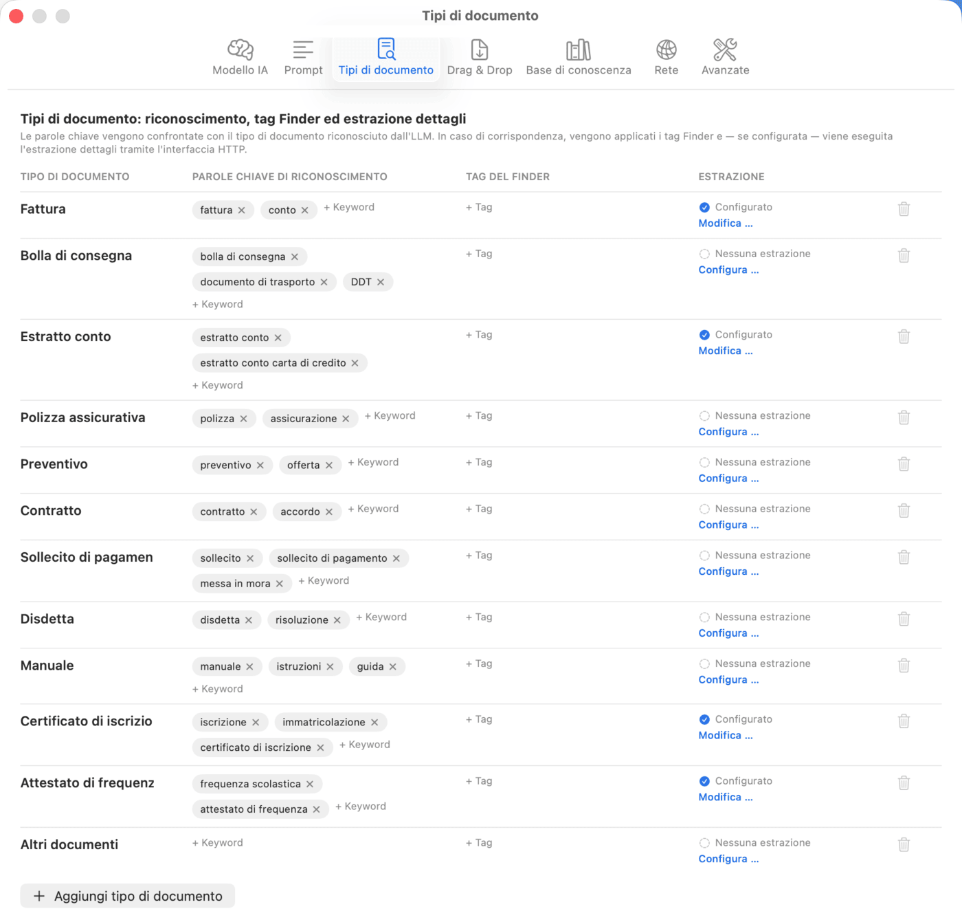 Impostazioni – Tipi di documento
