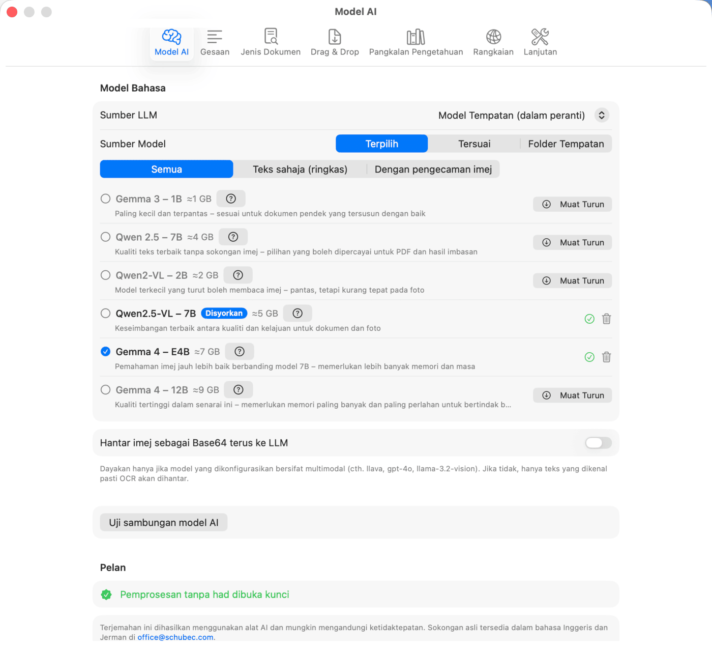 Tetapan – Model AI – Model Tempatan