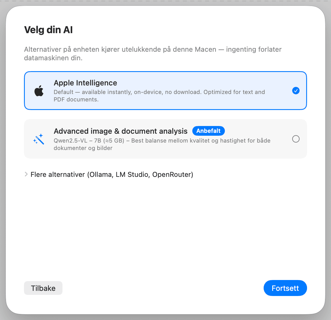 Førstegangsoppsett – Velg AI