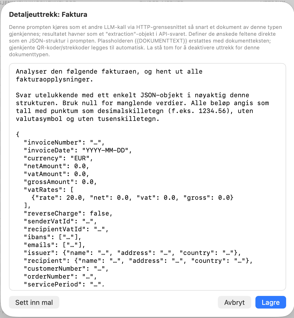 Innstillinger – Detaljuthenting faktura