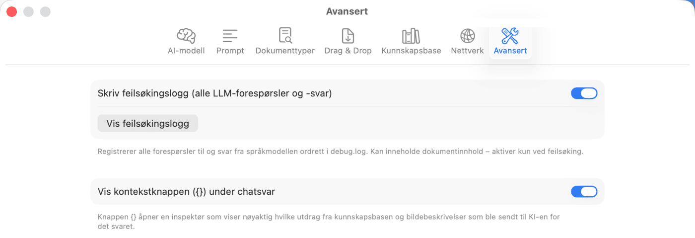 Innstillinger – Avansert