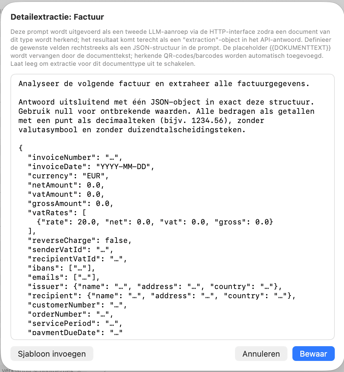 Instellingen – Detailextractie factuur