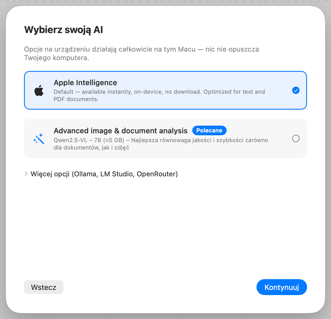 Pierwsza konfiguracja – wybór AI
