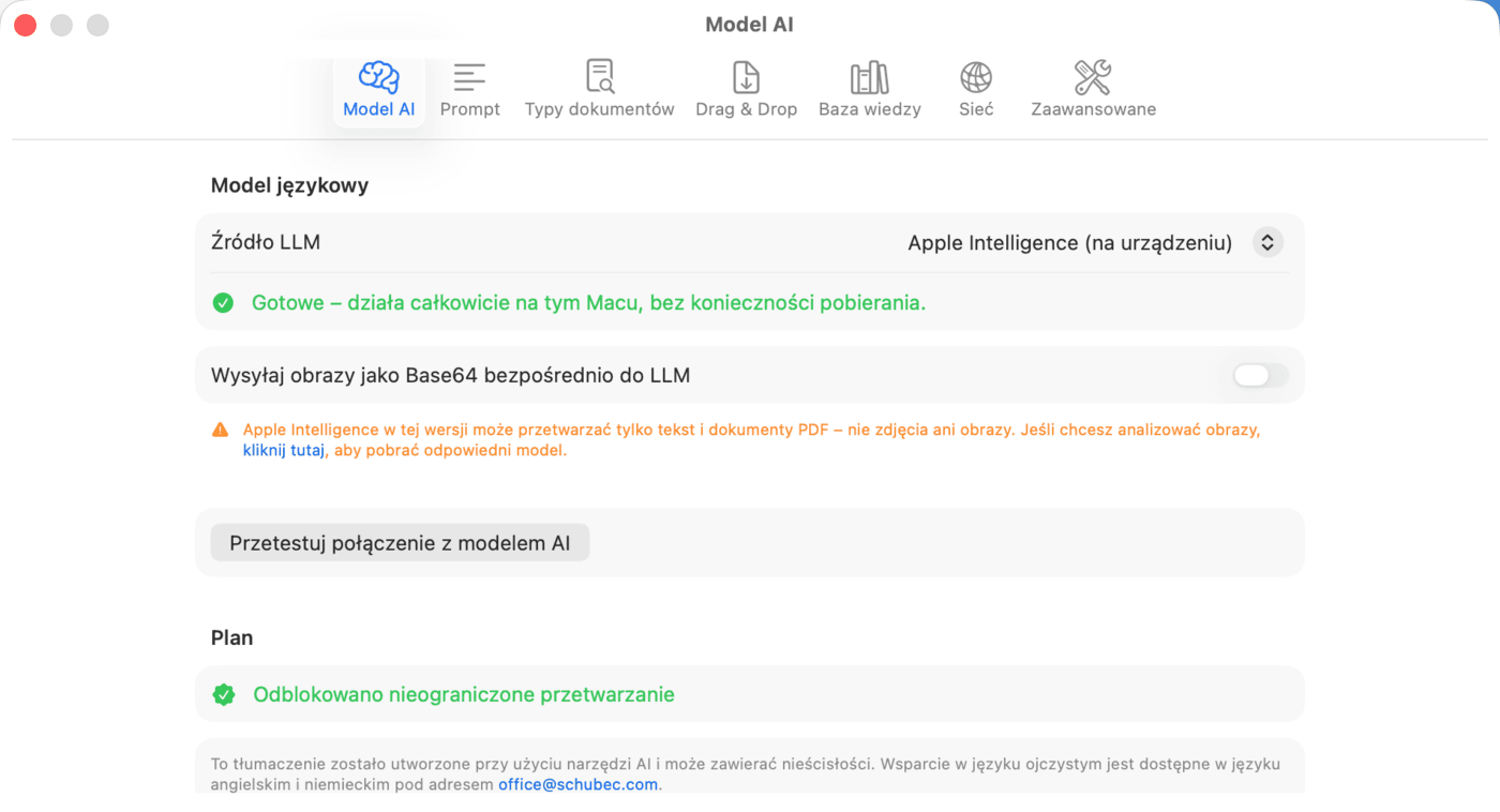 Ustawienia – Model AI – Apple Intelligence