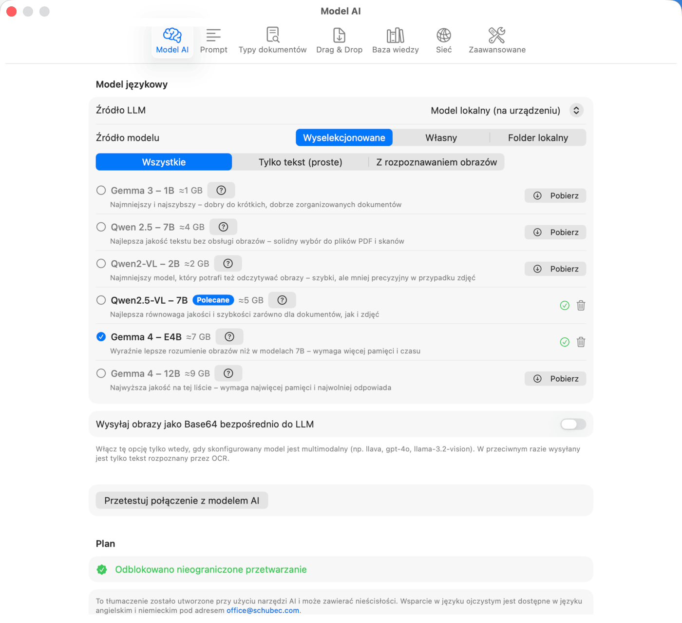 Ustawienia – Model AI – Model lokalny