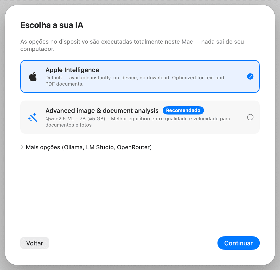 Configuração inicial – Escolher IA