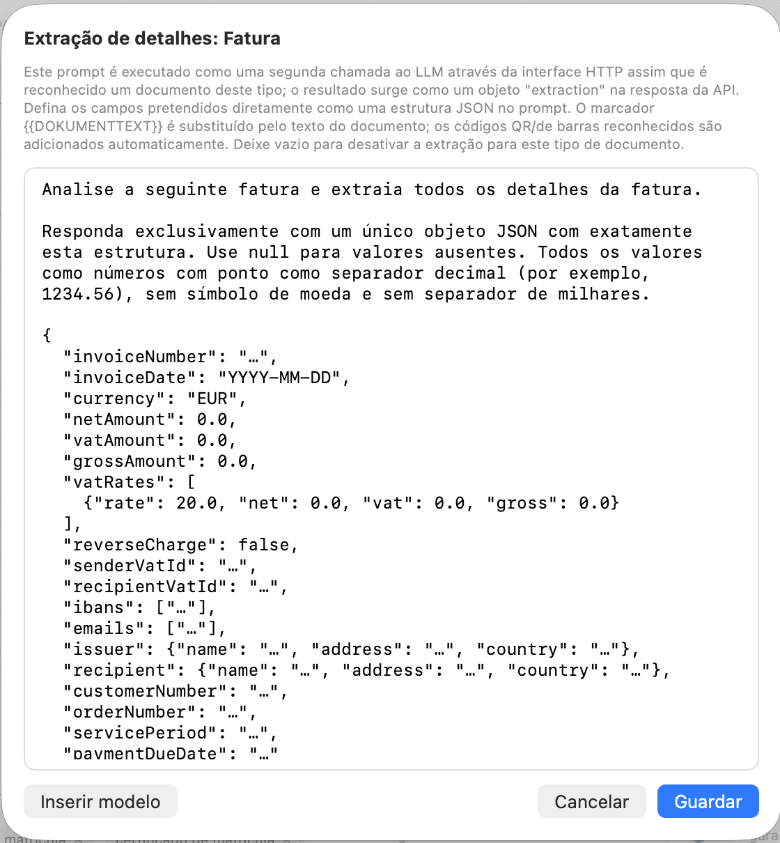 Definições – Extração de detalhes: Fatura