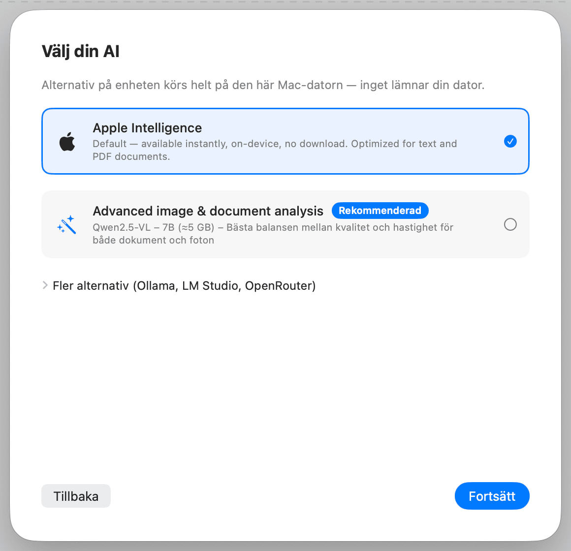 Förstagångskonfiguration – Välj AI