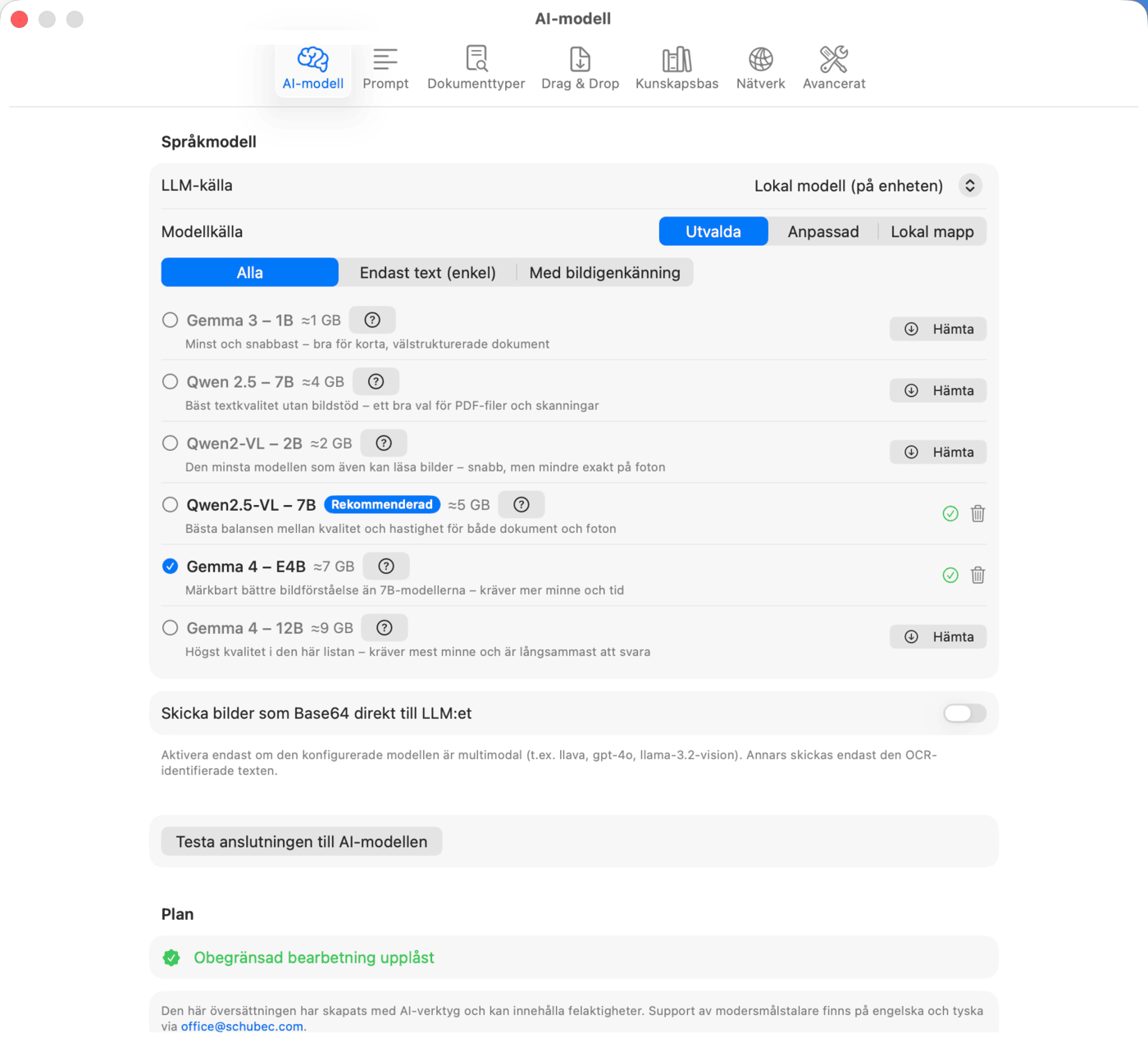 Inställningar – AI-modell – Lokal modell