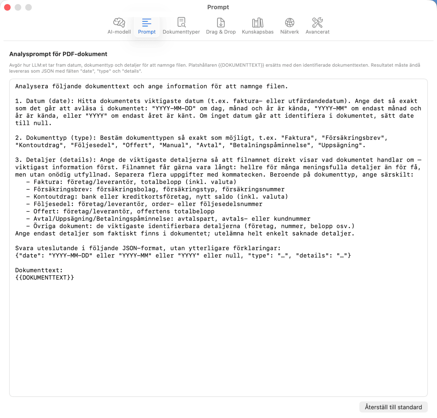 Inställningar – Prompt