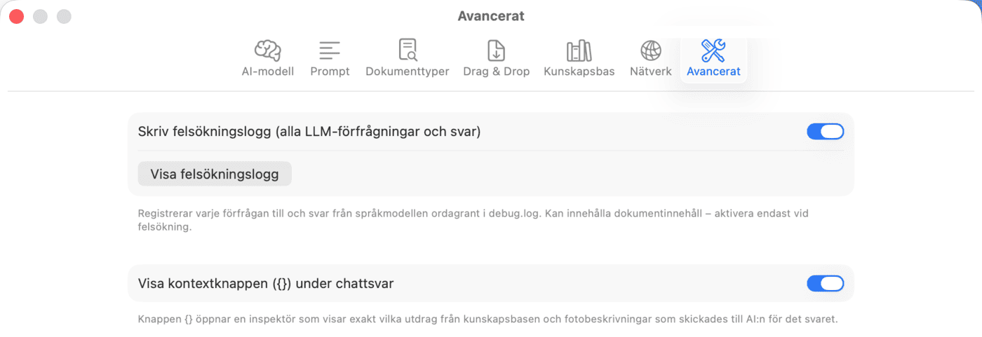Inställningar – Avancerat