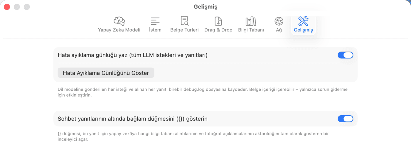 Ayarlar – Gelişmiş